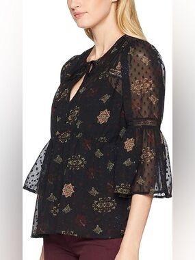 Lucky Brand Black Sheer Floral Medallion Tie-Neck Blouse